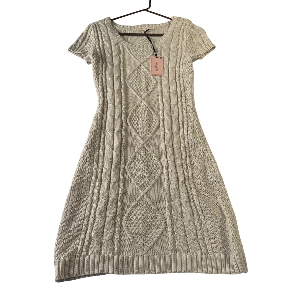 Pink Rose Premium Beige Cable Knit Short Sleeve Sweater Dress PF413746TJ Small
